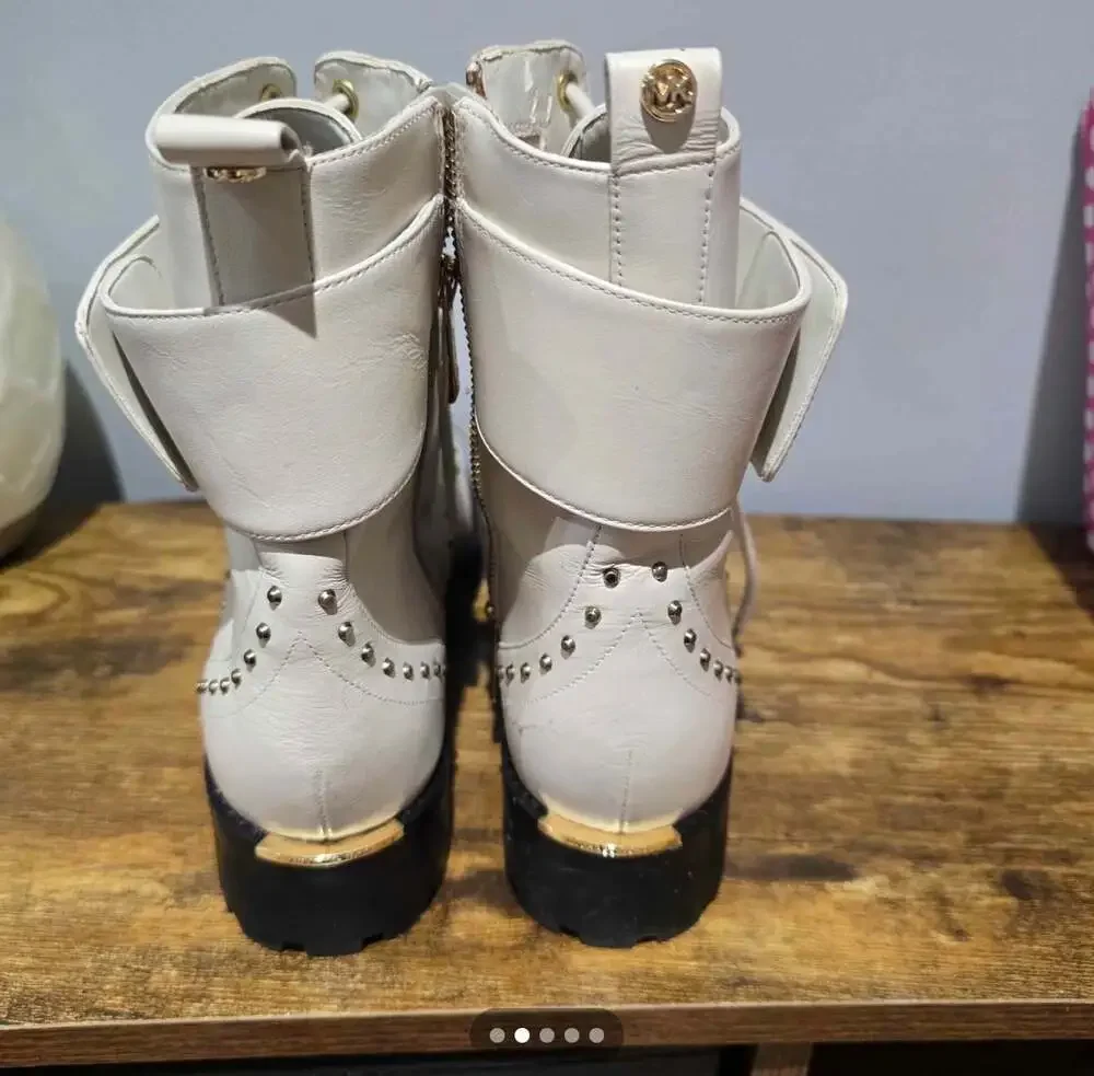 Michael Kors Tatum Leather Combat Boots Size 9M White Gold Studded Biker Boots